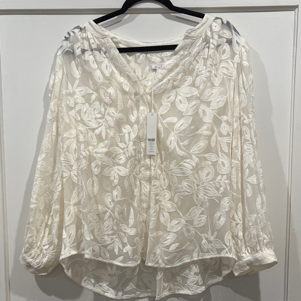 Chico's Cream Lace-Embroidered Button Front Blouse